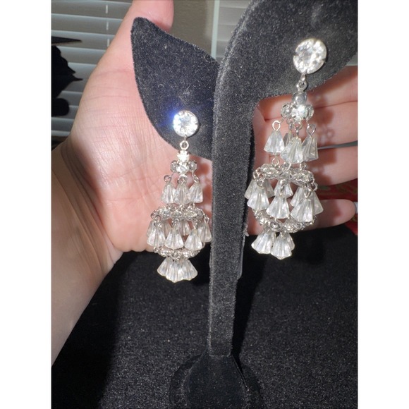 Hattie Carnegie Jewelry - VNTG SIGNED HATTIE CARNEGIE RHINESTONE & CRYSTAL CHANDELIER EARRINGS -SILVERTONE